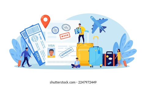 Travel abroad. International vacation or emigration procedure. Opened passport with valid visa stamps. People getting document for leaving country. Vacation trip offer. Journey and tourism concept.