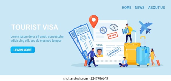 Travel abroad. International vacation or emigration procedure. Opened passport with valid visa stamps. People getting document for leaving country. Vacation trip offer. Journey and tourism concept.