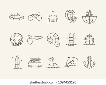 Travel abroad line icon set. Flight, globe, city, cruise. Vacation concept. Can be used for topics like journey, tour, voyage