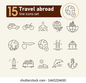 Travel abroad line icon set. Flight, globe, city, cruise. Vacation concept. Can be used for topics like journey, tour, voyage