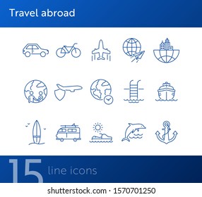 Travel abroad line icon set. Flight, globe, city, cruise. Vacation concept. Can be used for topics like journey, tour, voyage