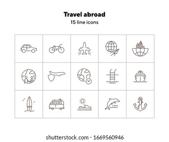 Travel abroad line icon set. Flight, globe, city, cruise. Vacation concept. Can be used for topics like journey, tour, voyage