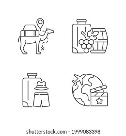 Travel abroad linear icons set. Camel caravan. All boy trip. Set jetting, location hunt abroad. Customizable thin line contour symbols. Isolated vector outline illustrations. Editable stroke