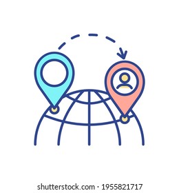 Travel abroad RGB color icon. Moving to foreign country. Educational, business, leisure tour. Practicing new language. Visiting other places. Learning new environment. Isolated vector illustration