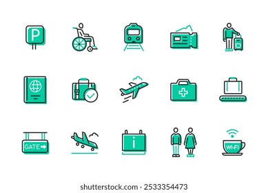 Viaje al extranjero - conjunto de iconos de estilo de diseño de línea aislados sobre fondo blanco. Imágenes de alta calidad de tren, avión, pasaporte, boleto, pasajero, check-in de equipaje, mostrador de check-in, salida, estacionamiento