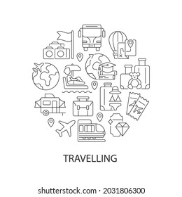 Travel abstract linear concept layout with headline. World cruise. Flight for tourists. Tourism minimalistic idea. Thin line graphic drawings. Isolated vector contour icons for background