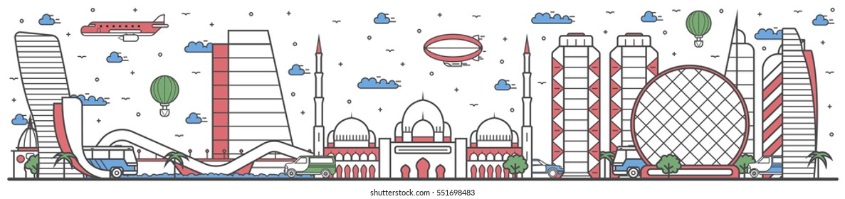 Travel in Abu Dhabi city banner vector illustration. Worldwide traveling concept with famous modern and ancient architectural attractions. Abu Dhabi cityscape panorama, travel landmark design poster