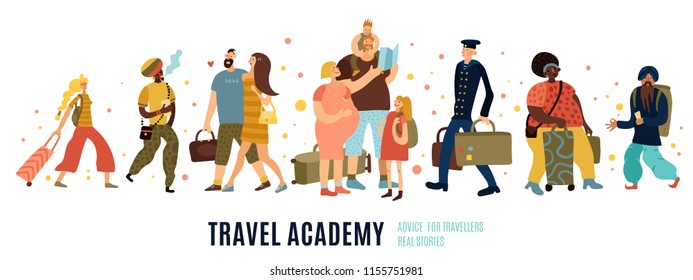 Travel academy concept with travel advice symbols flat isolated vector illustration