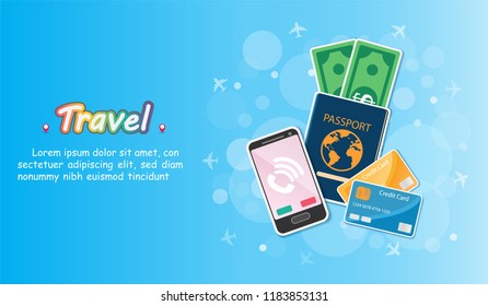 travel accessories around the world concept summer banner plane aerial check in Invitation on blue bokeh Background Design, Card for greeting Poster, paper art, vector.