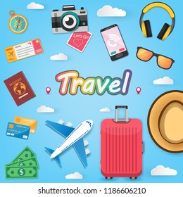 travel accessories around the world concept summer banner plane aerial check in Invitation on blue Background Design, Card for greeting Poster, paper art, vector.