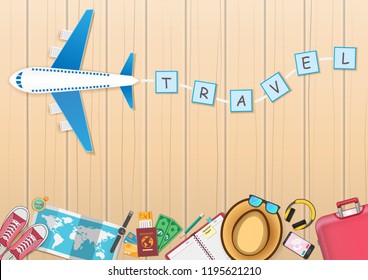 travel accessories around the world concept summer banner plane aerial check in Invitation on wood background Design, concept blank space for text and content paper art, vector, banner, Card, Poster,