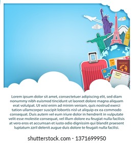 travel accessories around the world concept summer banner plane aerial check in with Top world famous landmark blank on map space for text and content paper art, vector, banner, Card, Poster,
