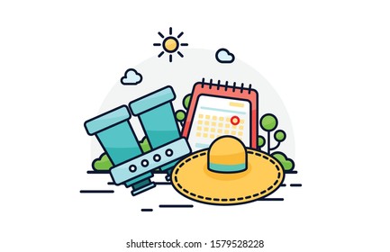 Travel accessories, travel around the world, hats, binoculars and a travel calendar. Illustration and vector