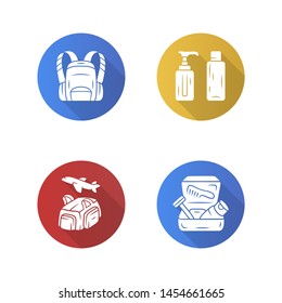 
Travel accessories flat design long shadow glyph icons set.  Backpack,carry on duffel bag, reusable containers. Flight, travelling bag, toiletry case, container. Vector silhouette illustration
