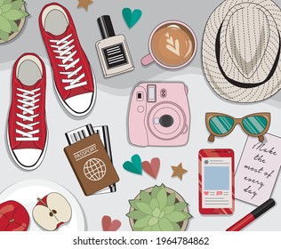 Travel Accessories Flatlay Vector Illustration
