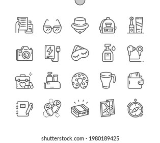 Reisezubehör. Brillen, Ohrbläser, Sanitisierer, Schlafmaske, Erste-Hilfe-Kit und andere. Reisende, Freizeit, Wesentliches, Lifestyle. Pixel Perfect Vector Thin Line Icons. Einfaches Minimal-Piktogramm