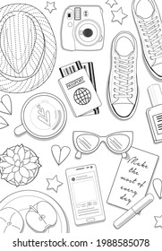 Travel Accessories Illustration for Colouring book Black and White