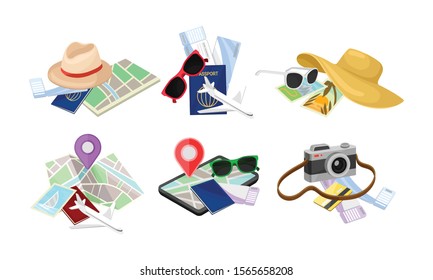 Travel Accessories, Items And Baggage For International Trip By Airplane Vector Illustration Set Isolated On White Background