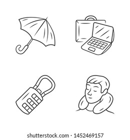 Travel accessories linear icons set. Umbrella, laptop carrying case. Suitcase combination lock, travelling pillow. Thin line contour symbols. Isolated vector outline illustrations. Editable stroke