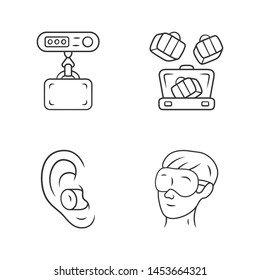 Travel accessories linear icons set. Digital weights, packing cubes. Noise cancelling earplugs, sleeping eyemask. Thin line contour symbols. Isolated vector outline illustrations. Editable stroke