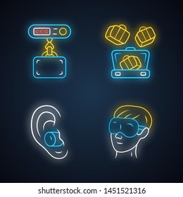 Travel accessories neon light icons set. Digital luggage, baggage weights, packing cubes. Noise cancelling earplugs, sleeping travelling eyemask. Glowing signs. Vector isolated illustrations