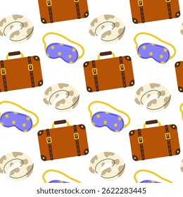 Travel accessories pattern featuring suitcases, eye masks, and pillows for comfort