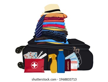 Travel accessories. Suitcase and road first-aid kit. Airline boarding pass, protective face mask and a biometric passport. Vector illustration.