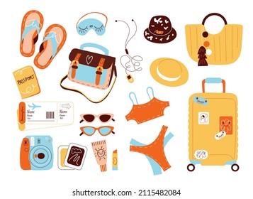 Travel accessories. Summer vacation equipment, things for flight, beach holidays items. ID documents, tickets, bikinis and luggage, seaside resort, vector cartoon flat isolated set