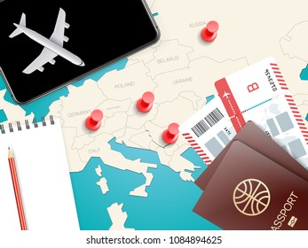 Travel accessories vector illustration. Vacation concept with pins