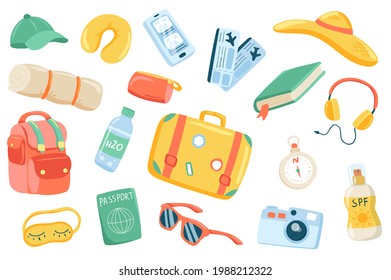 Accesorio de viaje lindo calcomanías aislado conjunto. Colección de smartphone, ticket, libro, auriculares, maleta, brújula, protector solar, cámara, pasaporte, mochila. Ilustración vectorial en diseño de dibujos animados planos