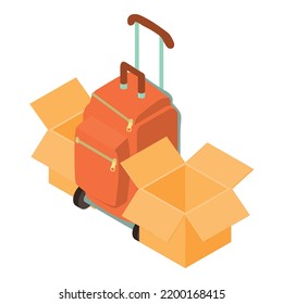 Travel accessory icon isometric vector. Suitcase on wheel and open cardboard box. Vacation and travel concept