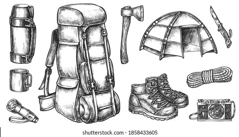 Travel accessory, touristic equipment for outdoor adventure. Engraved sketch of thermos, cup, flashlight, tent, backpack, ax, boot, knife, rope, camera vector illustration isolated on white background