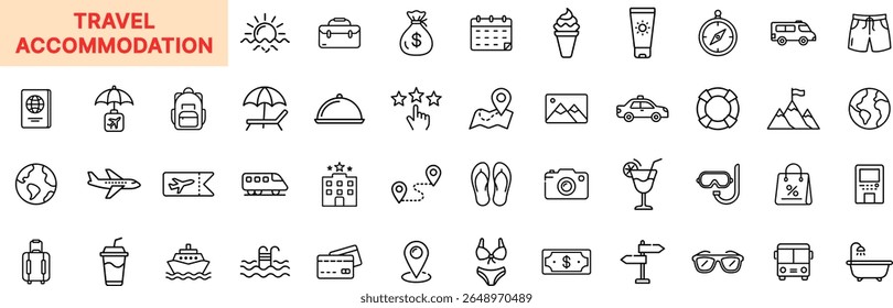 Conjunto de ícones de viagem e acomodação com bagagem, passaporte, avião, hotel, guarda-chuva de praia, cruzeiro, chinelos, câmera, mapa, sorvete, óculos escuros, bilhete e design de ícone de mala