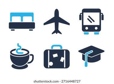 Travel, Accommodations, and Study icon set. Solid glyph series icons