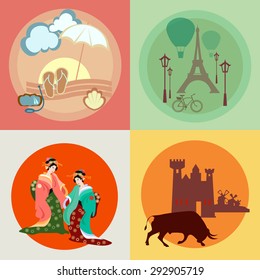 Travel across Europe and Asia: France, Japan, Spain, the beach and vacation, vector icons 