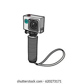 Travel Action Camera Small Compact Digital Camera, a hand drawn vector doodle illustration of an action camera recording in 4k resolution.