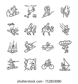 Travel activities line icon set. Included the icons as sailing, skiing, parachute
, horse riding, biking, cycling and more.