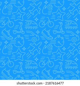 Patrón de actividad de viaje abstracto y sin fisuras. Formas vectoriales editables sobre fondo azul. Textura de moda con iconos de color de dibujos animados. Diseño con elementos gráficos para interiores, tejidos, decoración de sitios web