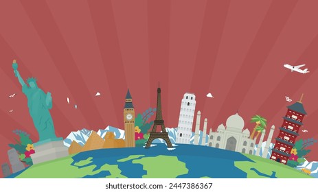 Travel ad background template decorated with world heritage sites of various countries and the earth (red)