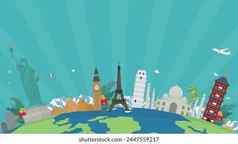 Travel ad background template decorated with world heritage sites of various countries and the earth (blue)