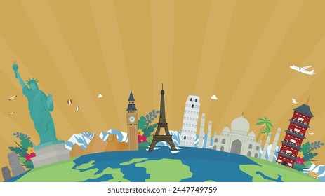 Travel ad background template decorated with world heritage sites of various countries and the earth (yellow)