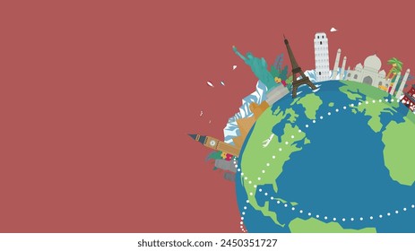 Travel ad background template decorated with world heritage sites and earth (red)