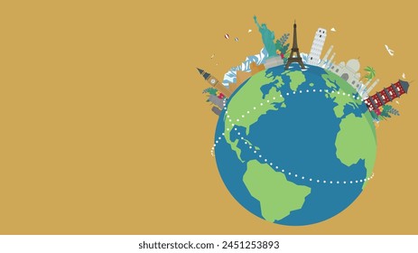 Travel ad background template decorated with world heritage sites and earth (yellow)