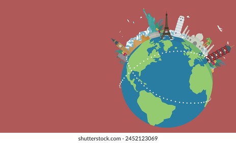 Travel ad background template decorated with world heritage sites and earth (red)