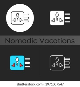 Travel adapter dark theme icon. International plug. Global sta ndard outlet. Camping trip necessities for traveler. Linear white, simple glyph and RGB color styles. Isolated vector illustrations