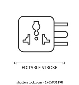 Travel adapter linear icon. International universal plug. Global outlet. Electricity supply. Thin line customizable illustration. Contour symbol. Vector isolated outline drawing. Editable stroke