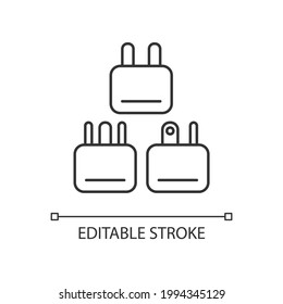 Travel adapter linear icon. Universal plug for airplane passenger. Portable amenities. Thin line customizable illustration. Contour symbol. Vector isolated outline drawing. Editable stroke
