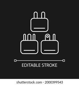 Travel adapter white linear icon for dark theme. Universal plug for airplane passenger. Thin line customizable illustration. Isolated vector contour symbol for night mode. Editable stroke