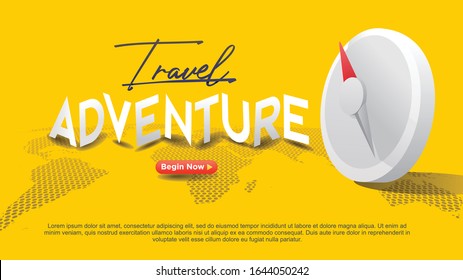 travel adventure abstract compas with dot world map yellow background and begin now call to action button minimalist modern web presentation Modern flat design.