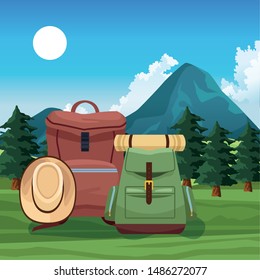 Travel adventure backpacks and summer hat at nature park with mountains and sun vector illustration graphic design.